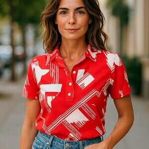 Vintage JUDY BOND Red & White Elastic Waist Short Sleeve Top ~ Women's Size 12